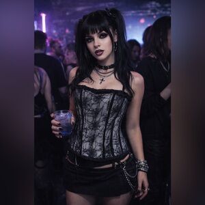 Tripp NYC black and white gingham corset top with a spider web overlay XXL